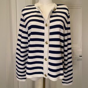 J. Crew Navy and White Striped Cardigan with Gold Buttons Size L NWT